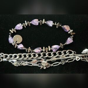 NWOT Bomb Party Lot Of 2 Silver Tone Purple Facet Gemstone Chain Stack Bracelets
